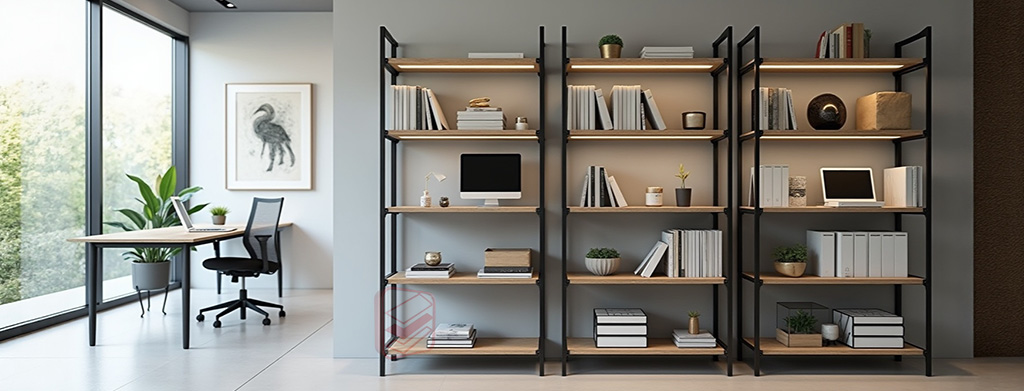 Узкие металлические стеллажи в интерьере офиса - фото Стеллажин